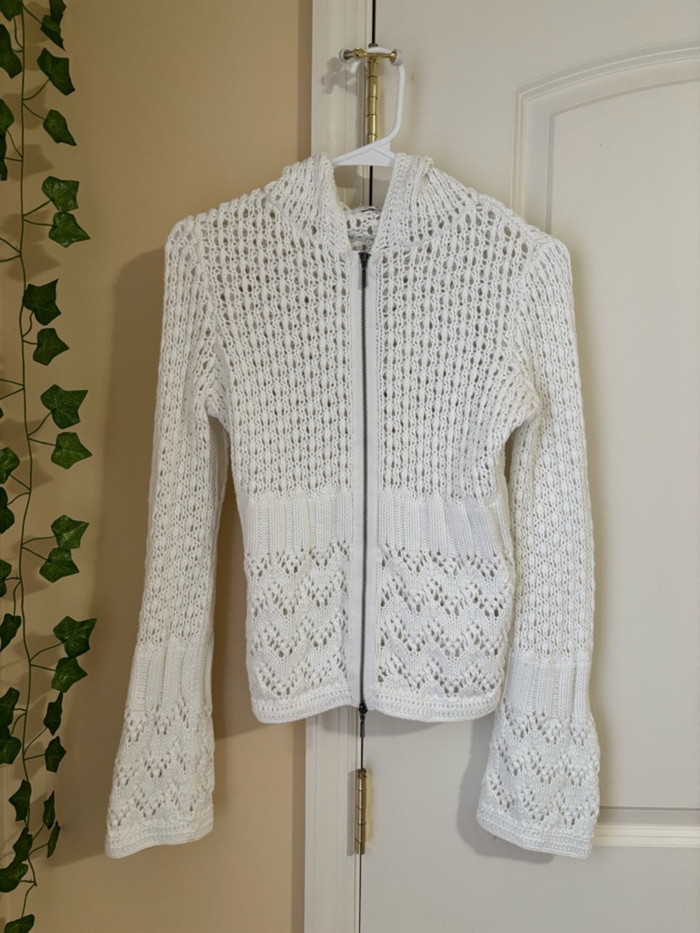 white crochet knit zip up hoodie